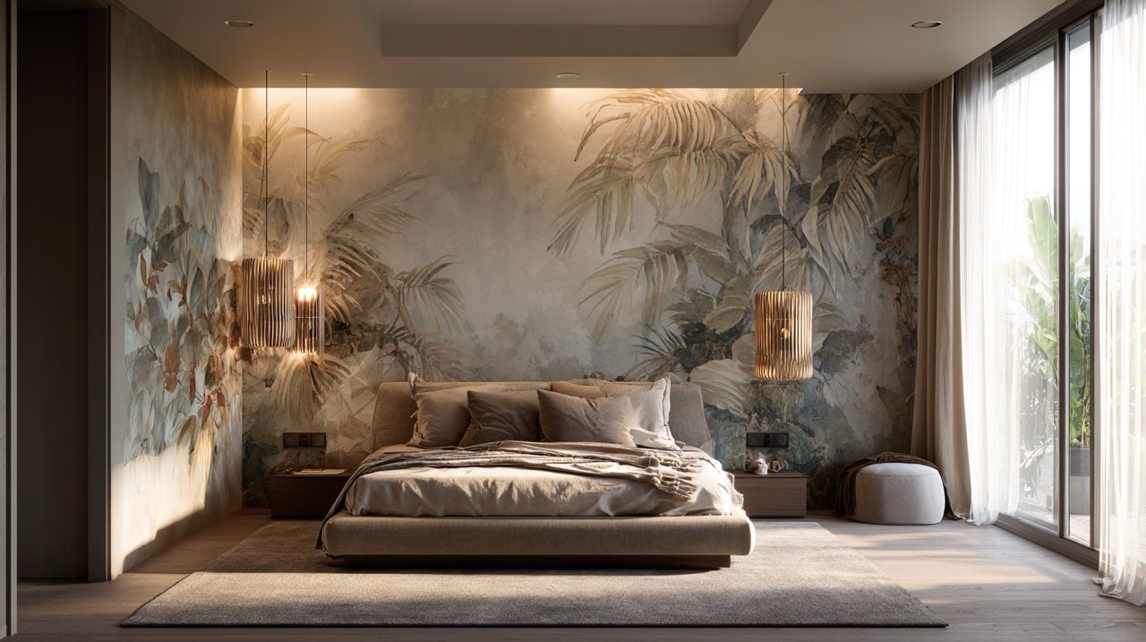 Recámara principal serena con fotomural botánico acuarela – papel tapiz de naturaleza para dormitorio