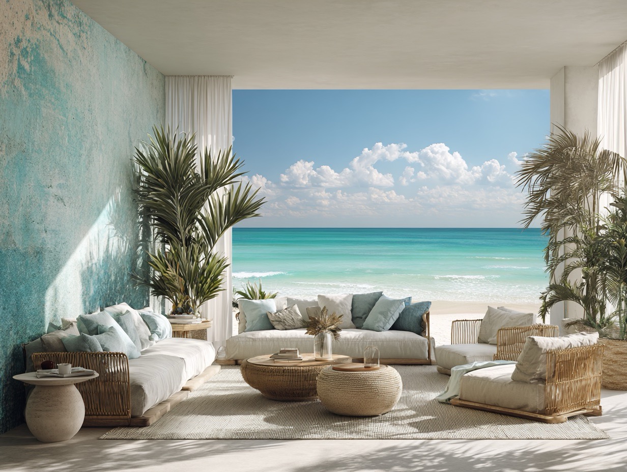 Sala costera con fotomural panorámico de playa turquesa – papel tapiz marino decorativo a medida