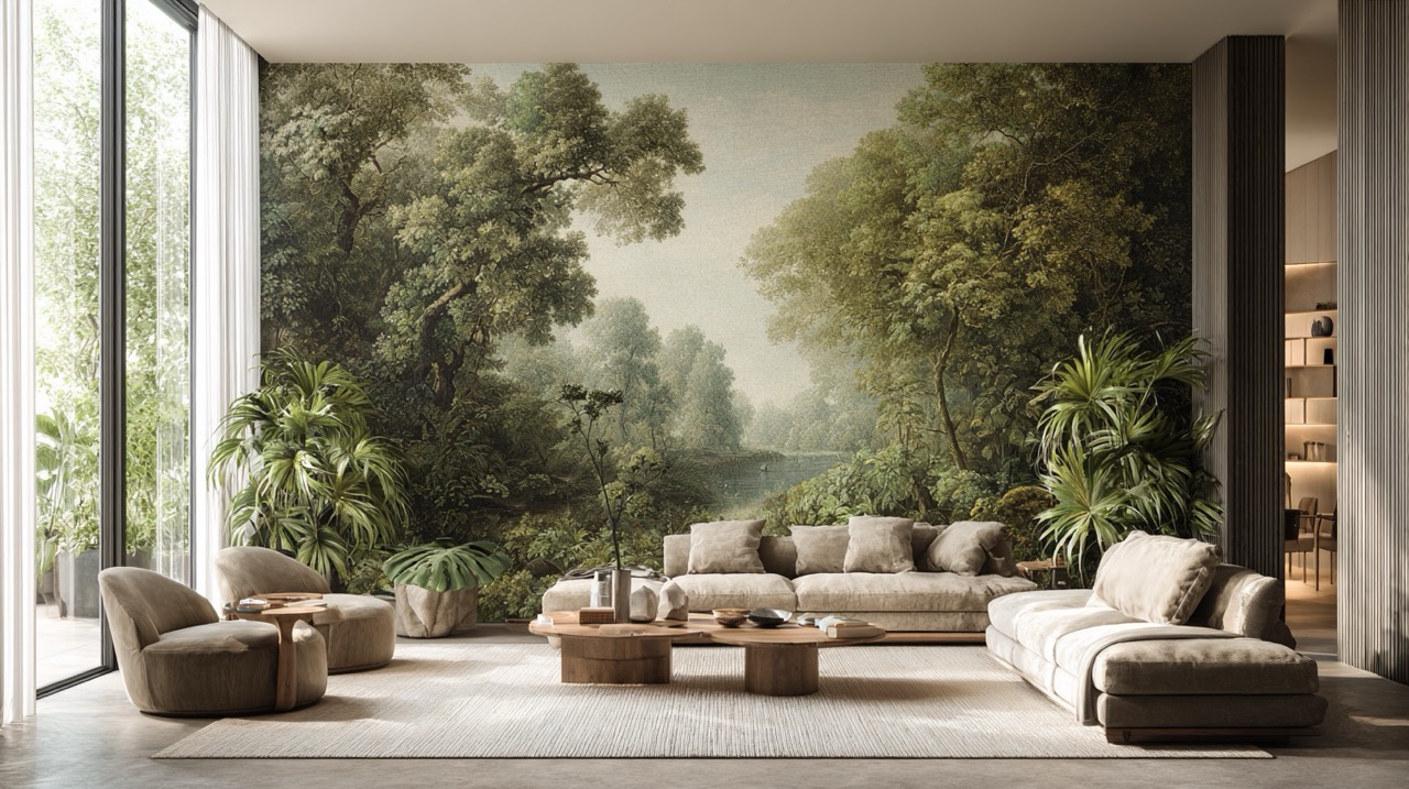 Sala de lujo amplia con fotomural de bosque y lago – papel tapiz paisaje natural para interiores premium